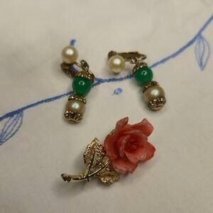 Vintage Signed Celebrity NY Faux Jade & Pearl Earrings & Pink Rose Brooch Set
